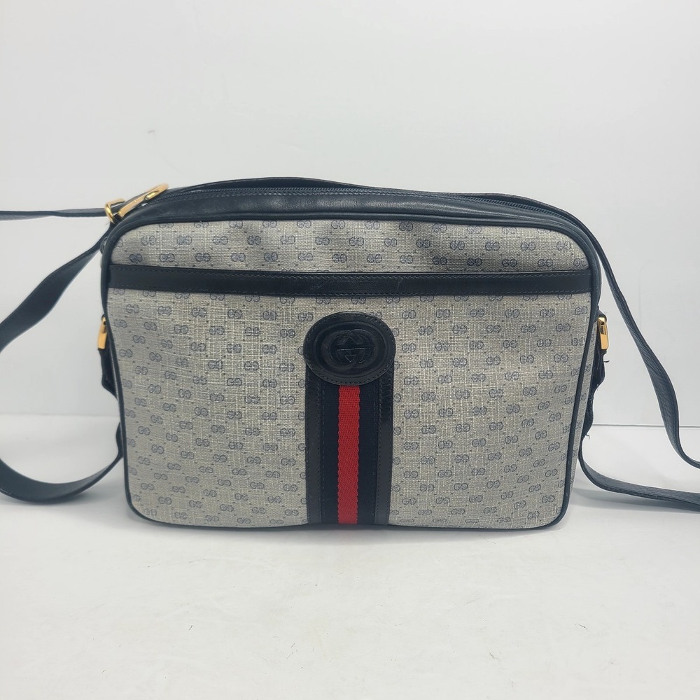 GUCCI Micro Web GG Monogram Crossbody Bag Canvas‎ Navy Gold Vintage Italy